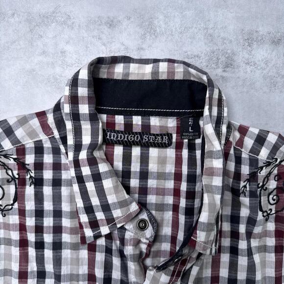 Y2K Indigo Star 00s Plaid Button Up Shirt Size Large - Picture 3 of 7